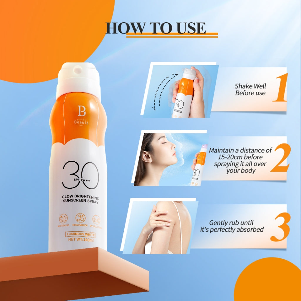 PREMIERE BEAUTE Sunscreen Spray 140ml (SPF 30 PA+++) White Skincare Series Suncreen wajah UV Waterproof Shield Barrier Anti-Aging Brightening Whitening Mencerahkan Wajah Melindungi Kulit dari Sinar Niacinamide Ceramide