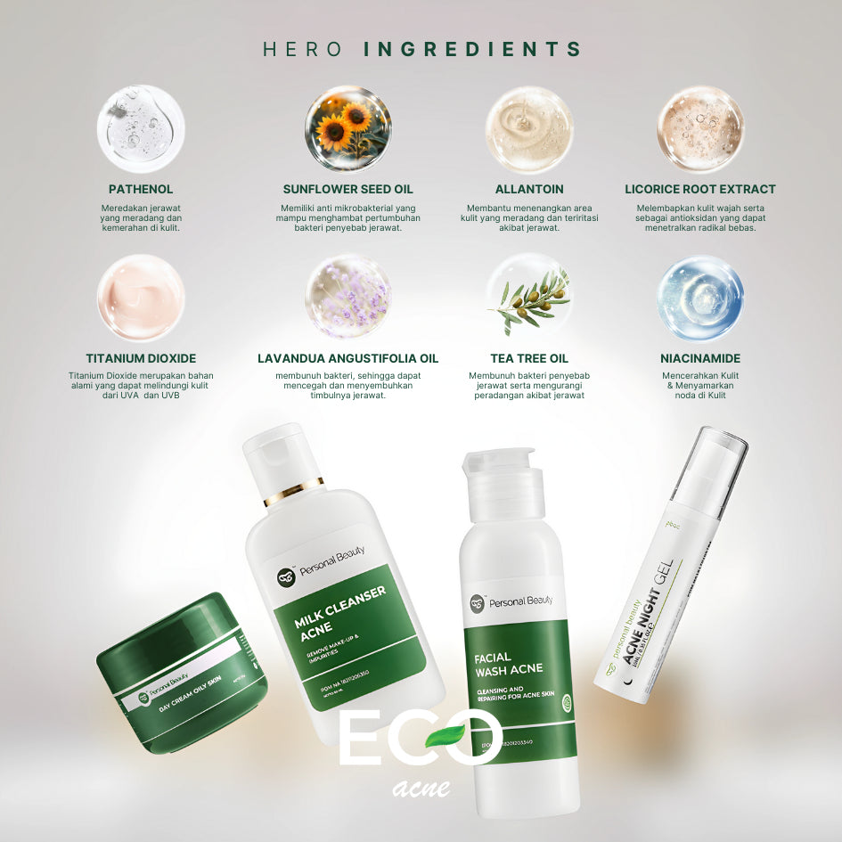 PERSONAL BEAUTY Skincare Set ECO Acne | Perawatan Wajah Berjerawat & Beruntusan - (Tea Tree Oil, Aloe Vera, Niacinamide, Salicylic Acid, Oil Control, Bekas Jerawat)
