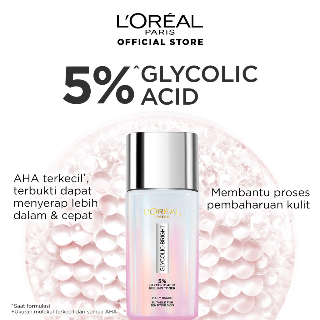 L'Oreal Paris Glycolic Bright Glowing Skincare Set Mencerahkan - Facial Foam 50 ml, Toner 65ml, Serum 15ml, Day & Night Cream 15ml