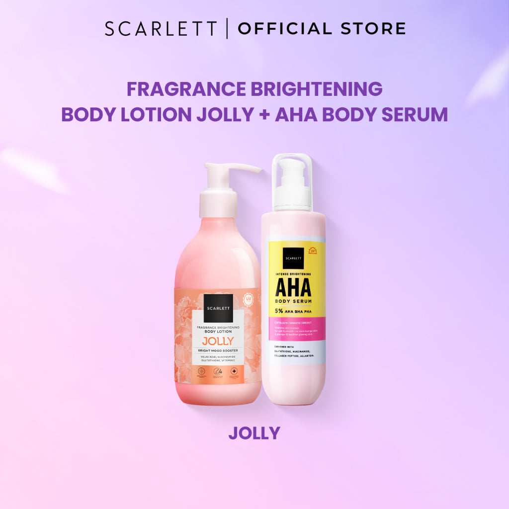 SCARLETT Bundle Intense Brightening AHA Body Serum + Fragrance Brightening Body Lotion Bright Mood Booster 5% AHA BHA PHA +4 Essential Oils 3x Brightening Power | Intense Membantu Mencerahkan Kulit Meratakan Warna Kulit Menenangkan Wangi Tahan Seharian