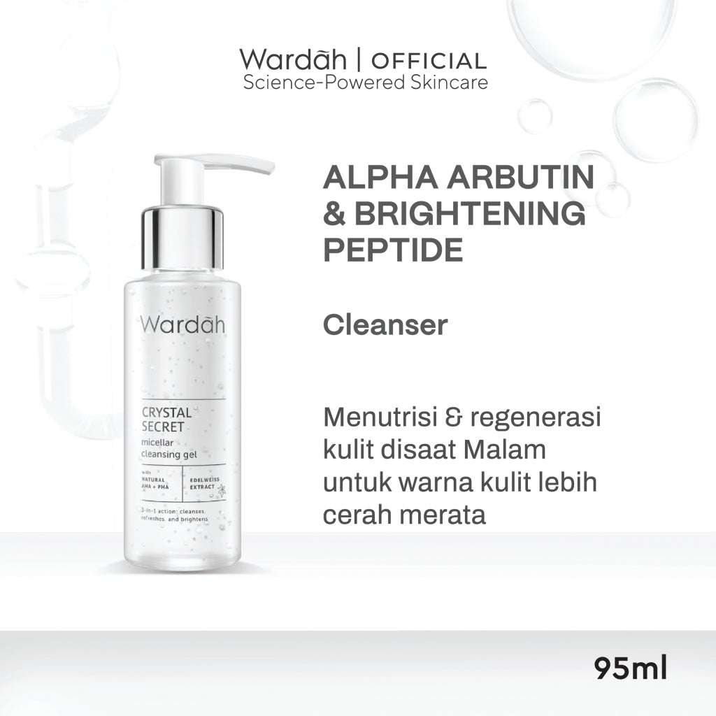 WARDAH Crystal Secret Micellar Cleansing Gel 95 ml - Micellar untuk kulit berminyak - Pembersih Muka dengan Extract Edelweiss - Mencerahkan dan Menyamarkan Flek Hitam - Skincare