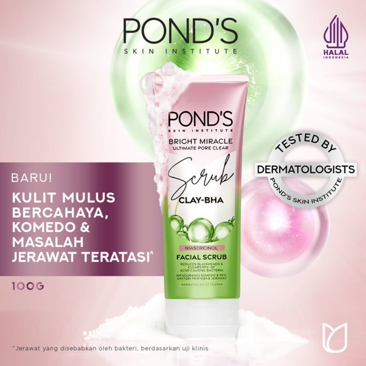 Pond's Bright Miracle Ultimate Pore Clear Facial Scrub 100G - Sabun cuci muka yang membersihkan 99% bakteri penyebab jerawat