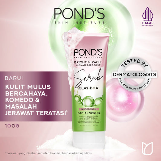 Pond's Bright Miracle Ultimate Pore Clear Facial Scrub 100G - Sabun cuci muka yang membersihkan 99% bakteri penyebab jerawat