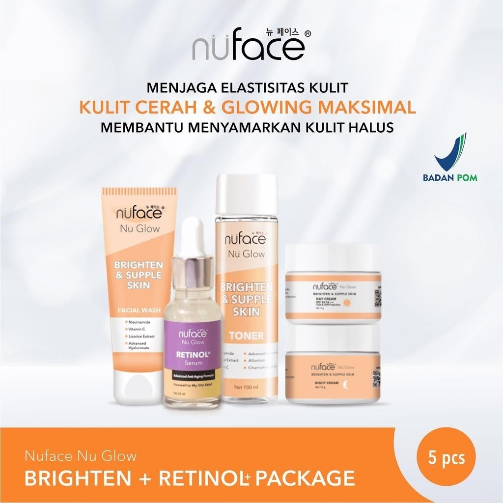 NUFACE Nu Glow Brighten & Supple Skin + Retinol 5 IN 1 Package / Indonesia Paket Wajah 5 Pcs / Facial Wash / Toner Serum / Day Night Cream / Mask / Sunscreen / Moisturizer / Scrub Peeling / Masker / Brightening / Mencerahkan Kulit Wajah Face / Bundle Set