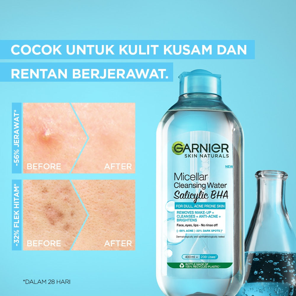 GARNIER Micellar Water Blue Salicylic Acid 400ml Skincare Cleansing - Skincare Pembersih Wajah & Make up untuk kulit berminyak jerawat Micellar Cleansing Water
