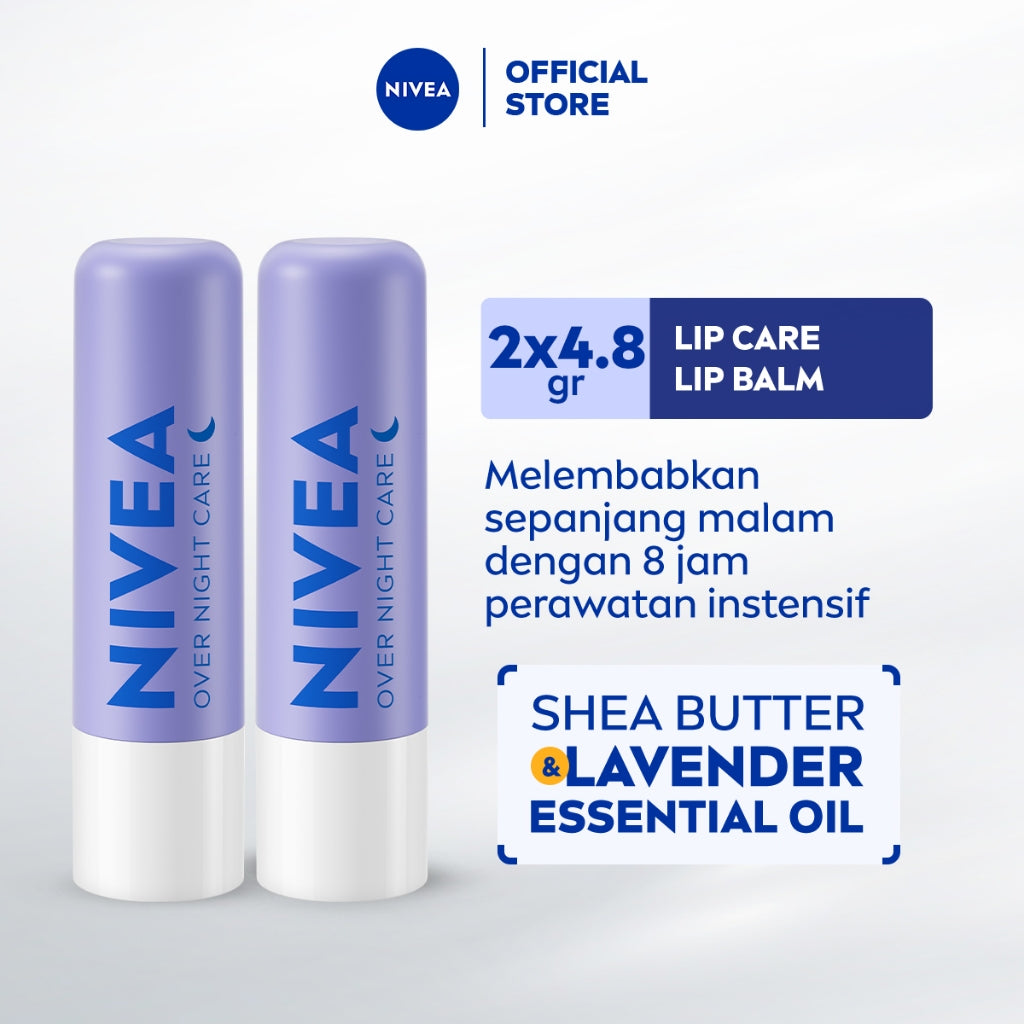(PAKET HEMAT ISI 2) NIVEA Lip Balm Overnight Care 4.8gr - Pelembap bibir malam hari melembabkan plumpy kering pecah-pecah tahan lama melindungi bibir natural intensif lembap tidak lengket tidak berminyak glossy - Lavender Essential Oil, Shea Butter