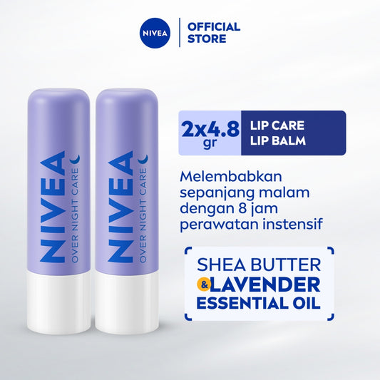 (PAKET HEMAT ISI 2) NIVEA Lip Balm Overnight Care 4.8gr - Pelembap bibir malam hari melembabkan plumpy kering pecah-pecah tahan lama melindungi bibir natural intensif lembap tidak lengket tidak berminyak glossy - Lavender Essential Oil, Shea Butter