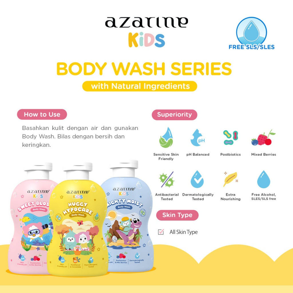 Azarine Kids Huggy Hypocare Body Wash 300ml Sabun Bayi Kids SLS FREE with Natural Ingredients untuk kulit sensitif all skin types