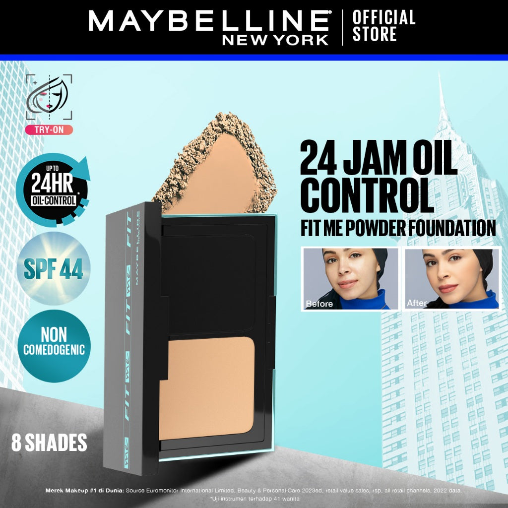 MAYBELLINE OFFICIAL Fit Me 24HR Oil Control Powder Foundation 5 gr Make up Bedak Two Way Cake TWC SPF 44 Blur & Cover Cushion Foundation Bedak Padat Concealer BB Cream Foundation Waterproof Skin Tint Fondation