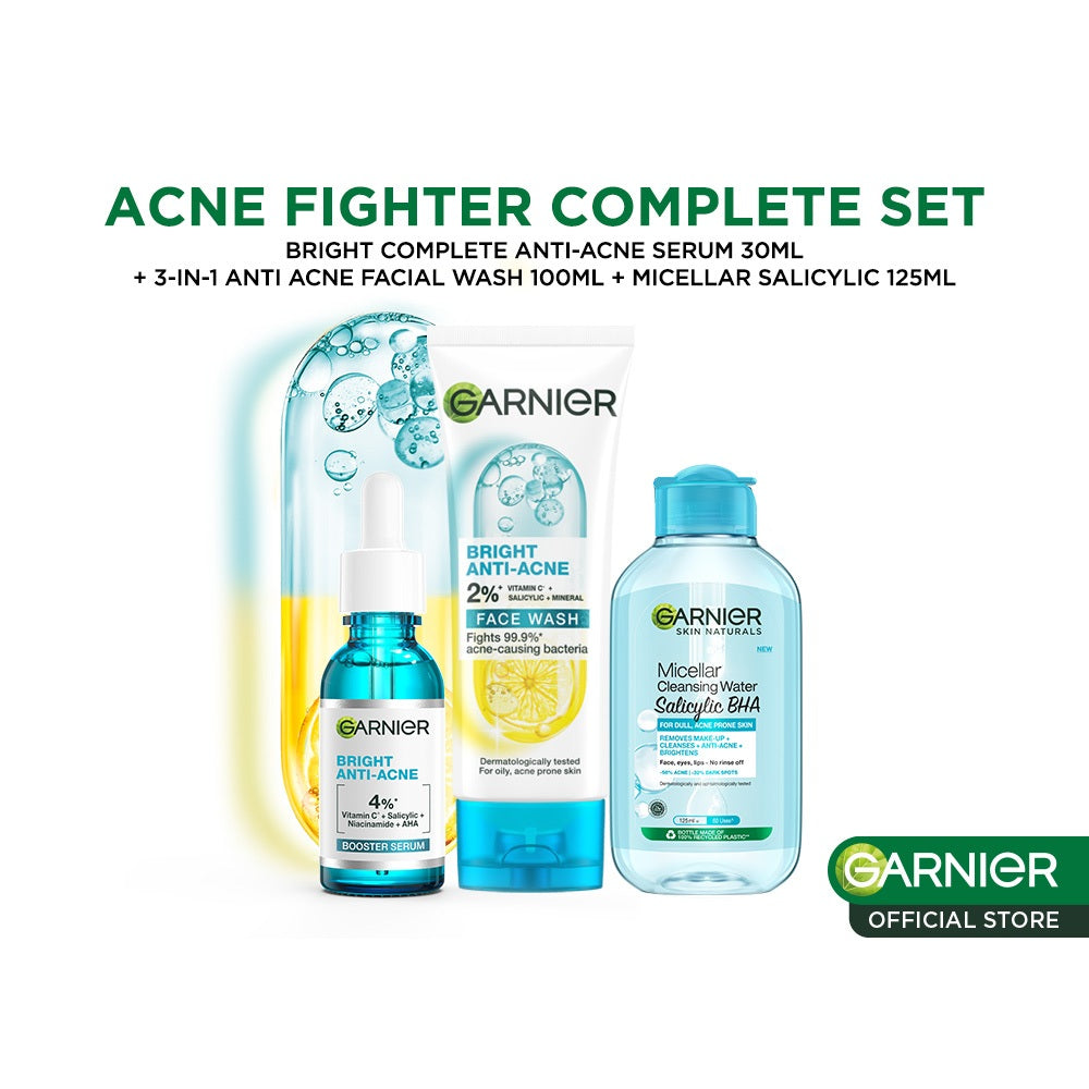 Paket Skincare Garnier Bright Complete Anti Acne Complete Set Untuk Maksimal  Lawan Jerawat dan Bekas Jerawat /Serum Jerawat, Cleanser Jerawat, Micellar Water (Micellar 125 ml + Serum 30 ml + Foam 100 ml)