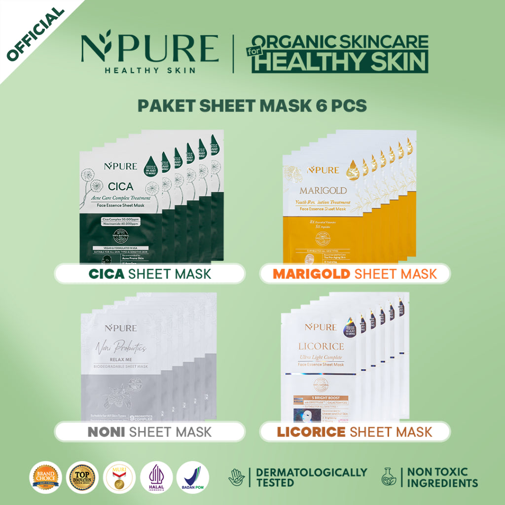 NPURE 6 pcs Sheet Mask Cica/Noni/Marigold/Licorice