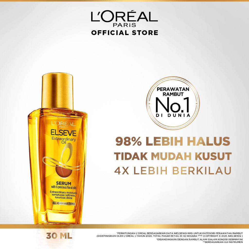 L'Oreal Paris Elseve Extraordinary Oil Gold Hair Treatment Serum 30ml -  Rambut Halus Berkilau dalam Satu Pemakaian - dari Bunga Istimewa Omega 3 - Perawatan Rambut Vitamin Rambut 30ml   Hair oil