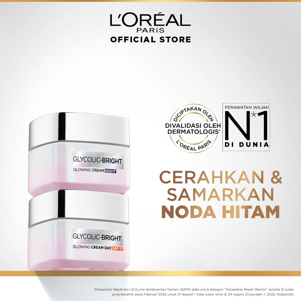 L'Oreal Paris Glycolic Bright Glowing Skincare Day Cream & Night Cream 15 ml Krim L'Oreal Untuk Mencerahkan & Menyamarkan Noda Hitam Dalam 2 Minggu