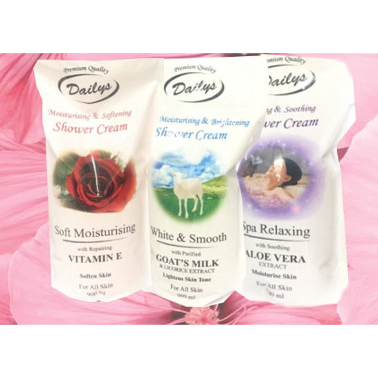 SABUN MANDI BANDAN BODY WASH DAILYS SHOWER REFILL ALOE VERA VIT-E REF GOATS MILK 900 ML