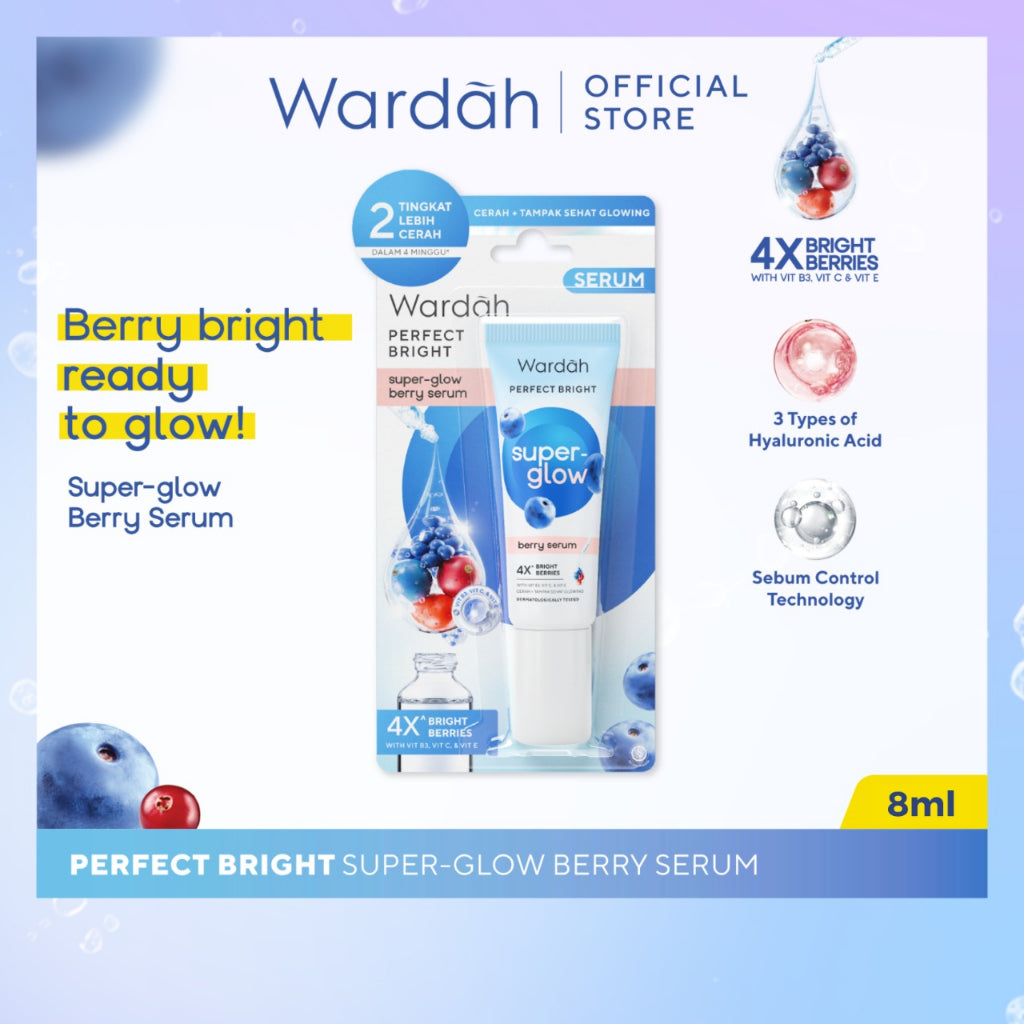 WARDAH 4X Vitamin B3 with Hyaluronic Acid Perfect Bright Super-Glow Berry Serum 8 ml - Serum Mencerahkan, Menutrisi Kulit, Meratakan Warna Kulit Kusam, Menyamarkan Bekas Jerawat - Kulit Cerah, Tampak Sehat, Supple, Glowing - Skincare