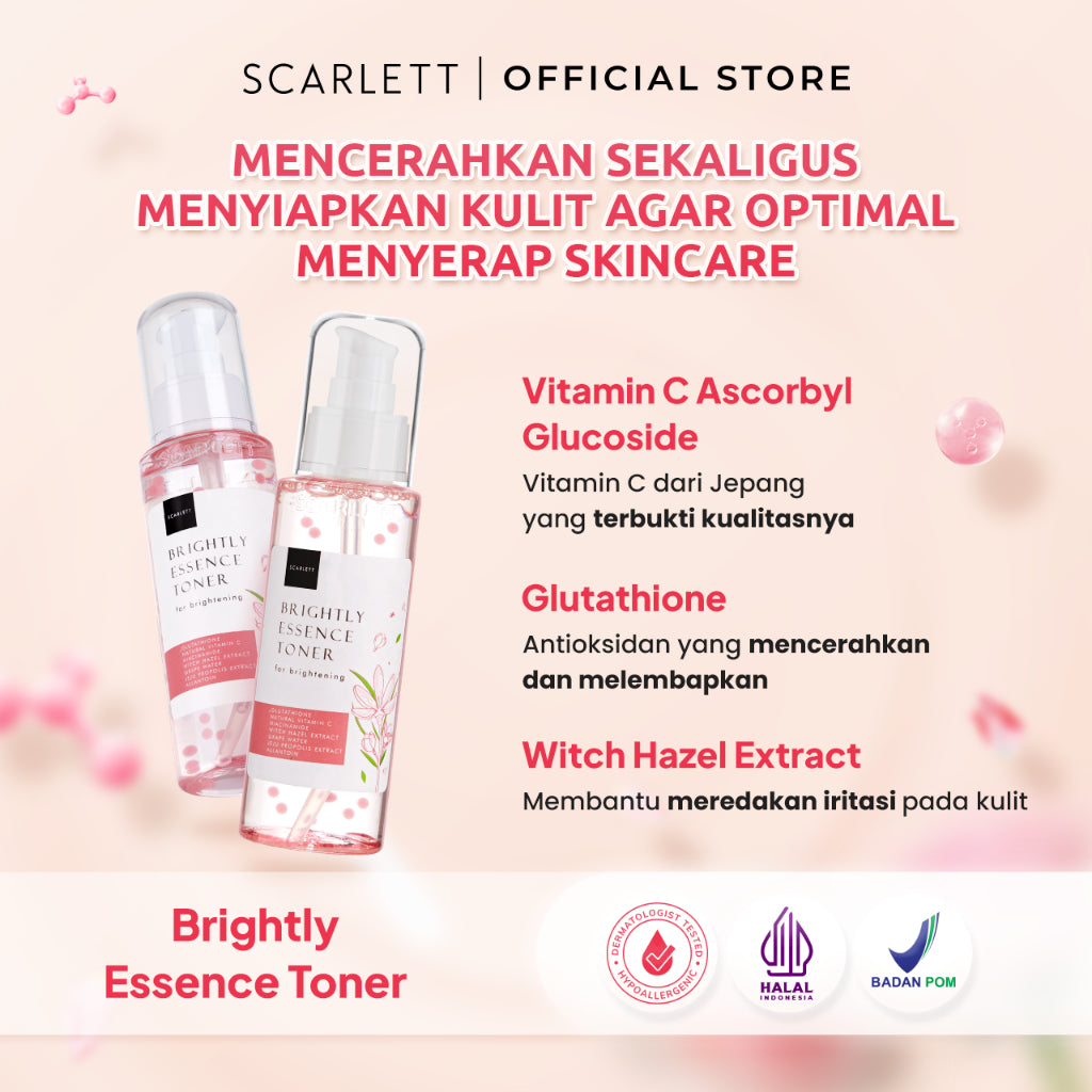 Scarlett Whitening Brightly Essence Toner - Toner Wajah untuk Mencerahkan Melembabkan & Memudarkan Noda Hitam di Kulit Wajah dengan Sensasi Menyegarkan || Kombinasi Glutathione & Vitamin C sebagai Pemutih Wajah