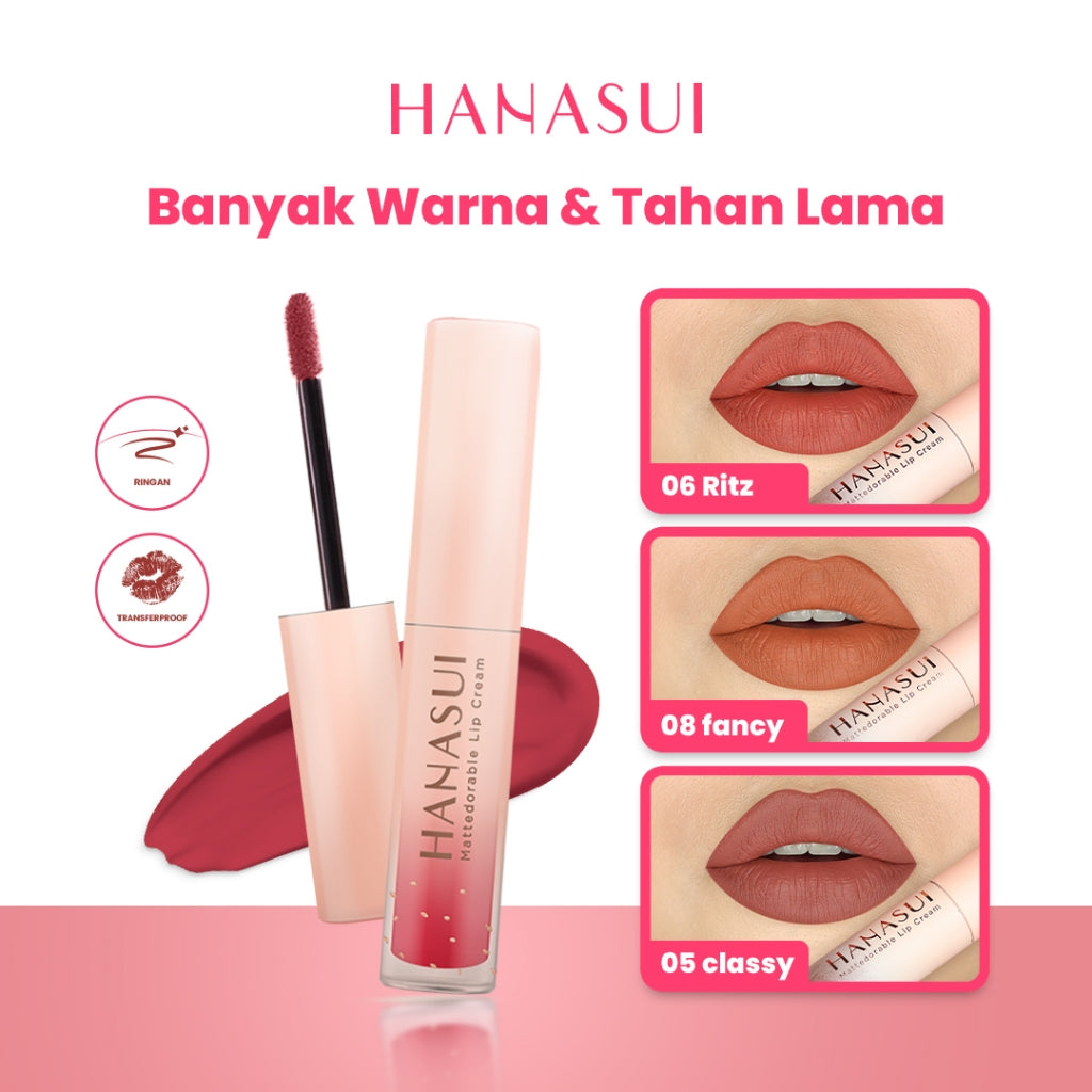 Hanasui Mattedorable Lip Cream - Velvet Matte Finish Melembabkan Ringan Tahan Lama Pigmented Olive Oil Vitamin E