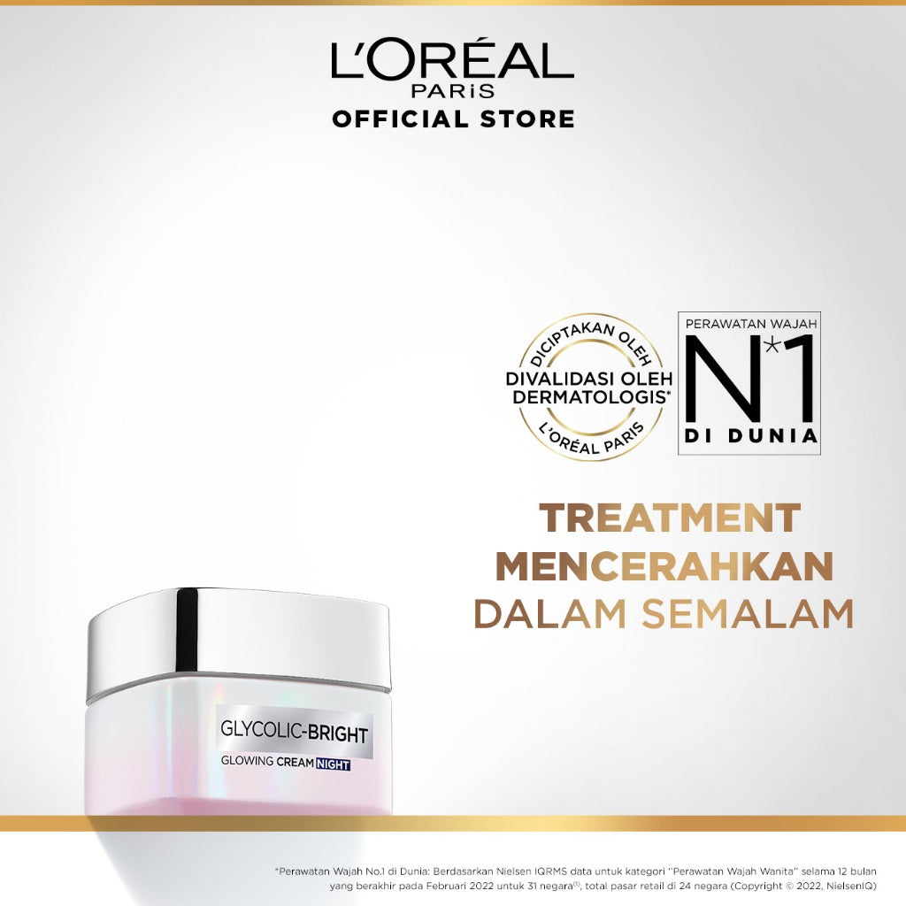L'Oreal Paris Glycolic Bright Glowing Night Cream - 15/30ml (Skin Brightening Krim Malam  Pelembab Loreal Glyco Acid AHA Exfoliating Anti Dark Spot Wajah Peeling Muka)