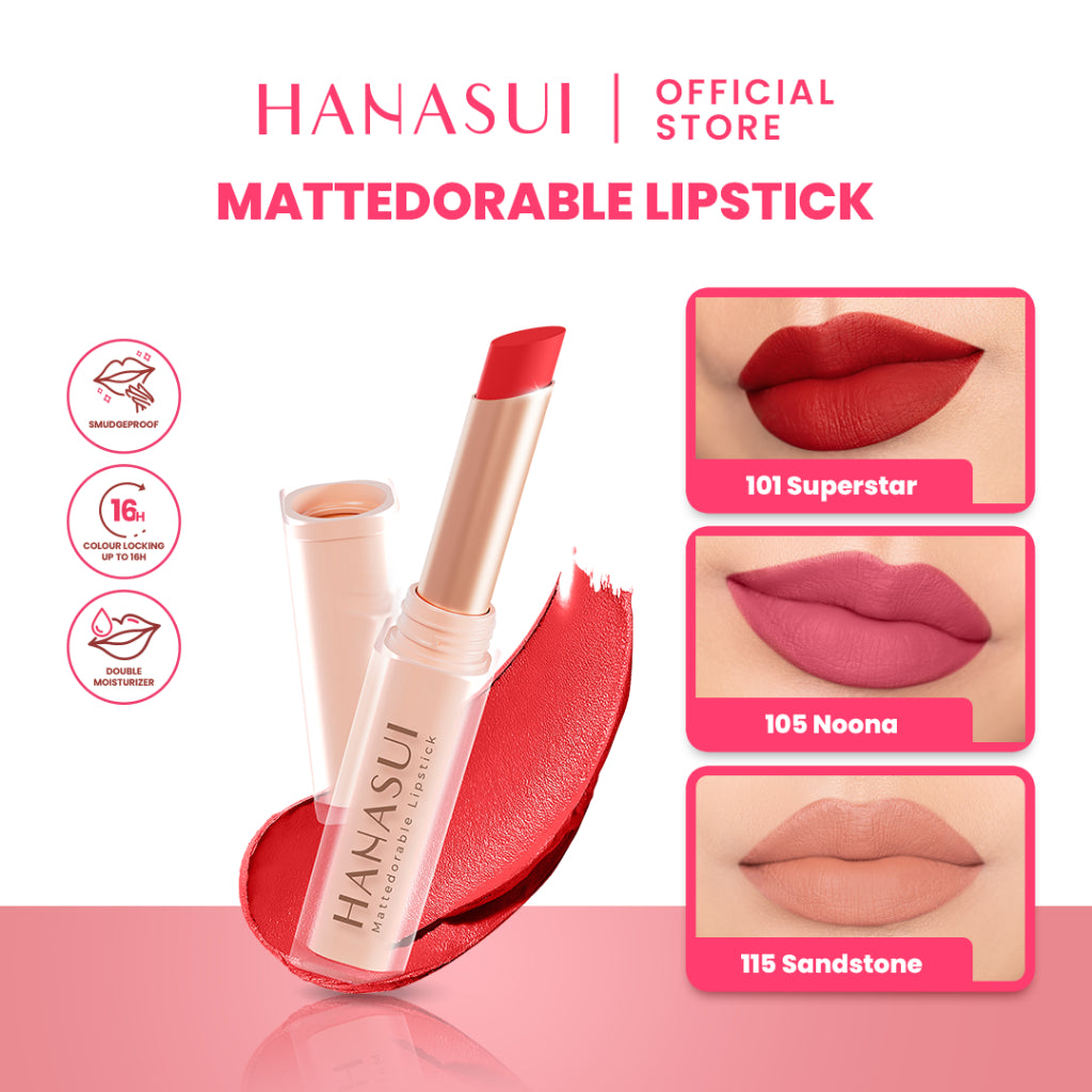 Hanasui Mattedorable Lipstick - Anti Geser Formula  Smudgeproof Transferproof Long Lasting Tahan Lama Melembabkan Hidrasi Optimal