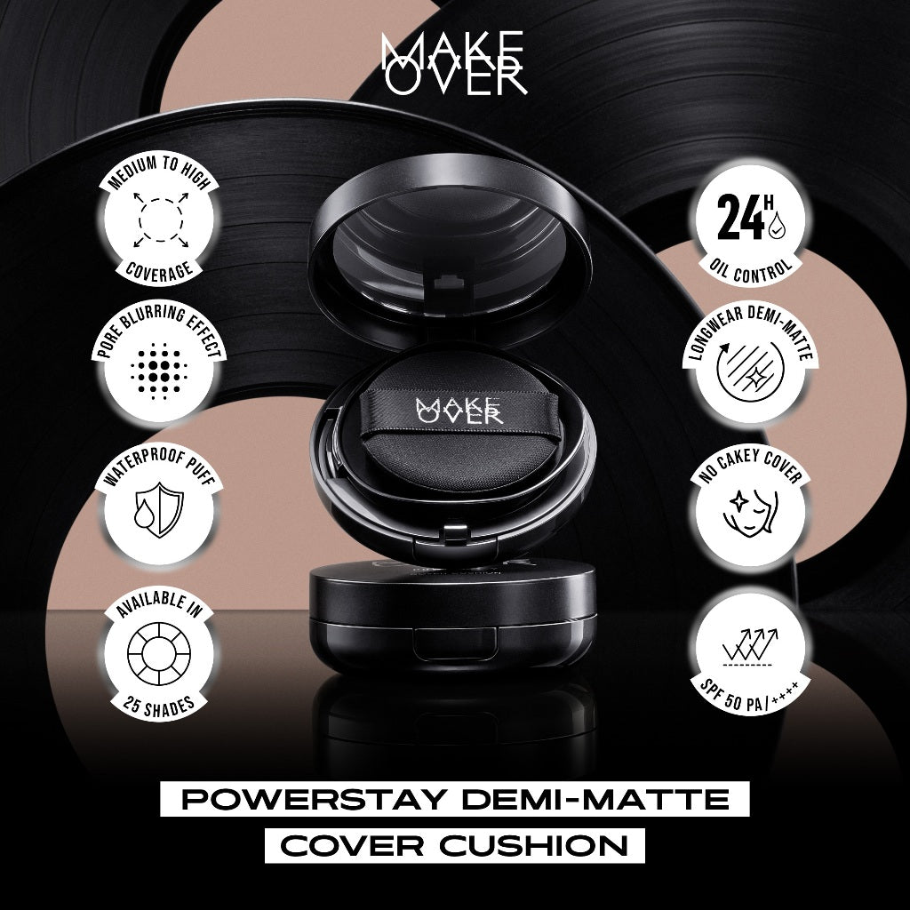 MAKE OVER Powerstay Demi-Matte Cover Cushion - Cushion Matte High Coverage Foundation Compact Ringan Oil Control Make Up Wajah Tahan Lama 24 Jam Non-Comedogenic BEST SELLER Concealer Make Up
