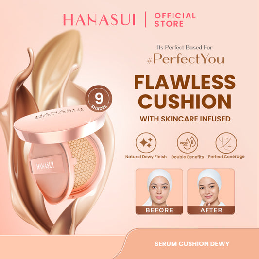 Hanasui Serum Cushion - Flawless Natural Dewy Finish UVA & UVB Protection Perfect Coverage Menyamarkan Pori-Pori Garis Halus Noda Wajah