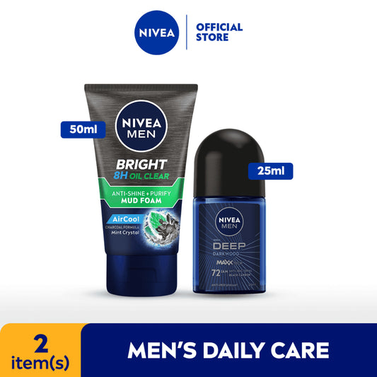 NIVEA MEN Travel Pack-8H Oil Clear Anti-Shine+Purify Cooling Foam 50mL+Deodorant Deep Roll-On 25mL