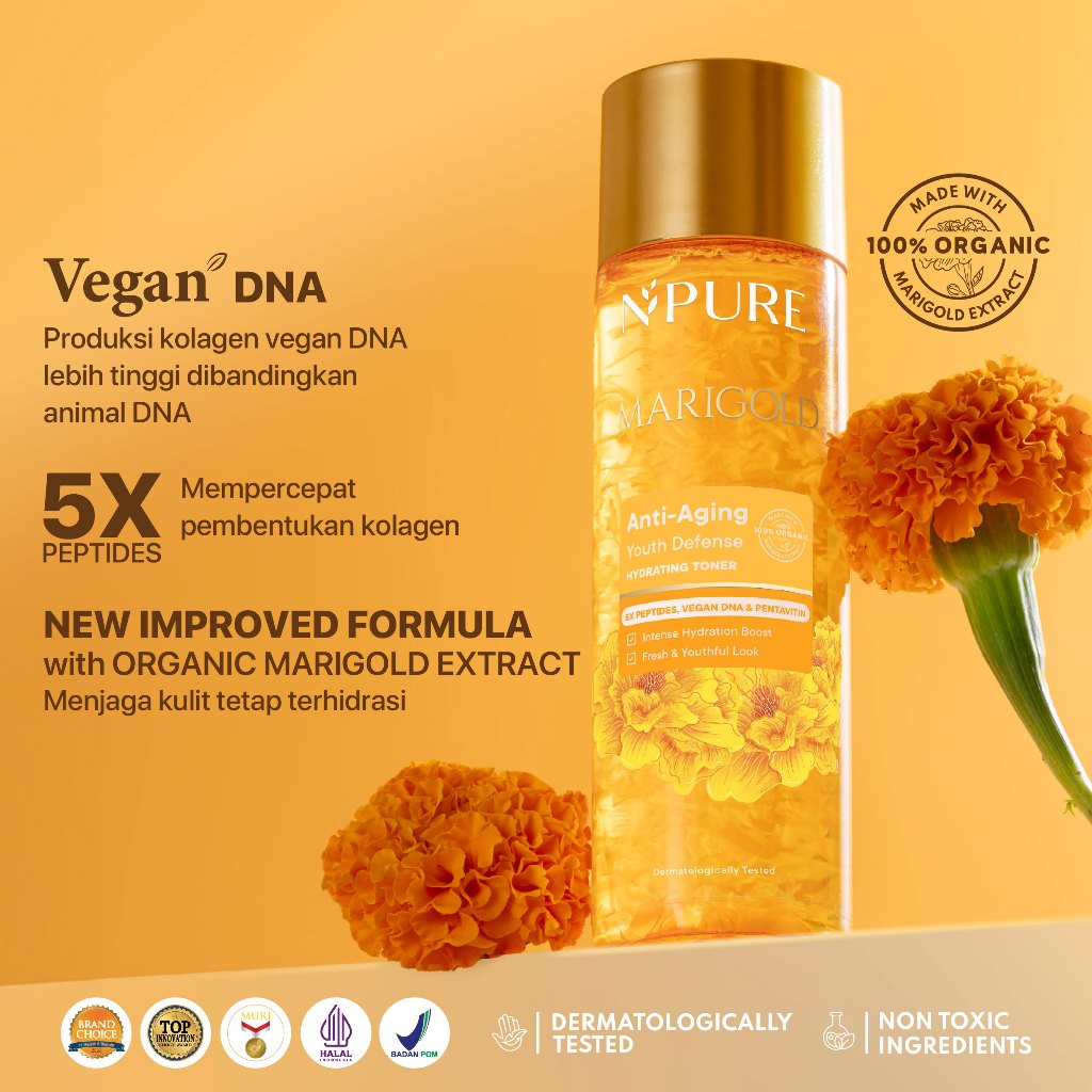 NPURE Marigold Anti-Aging Youth Defense Hydrating Toner / Clearing Petal Toner/ Anti Aging Toner/ Toner Gentle Eksfoliasi Wajah Natural / Membersihkan Kotoran