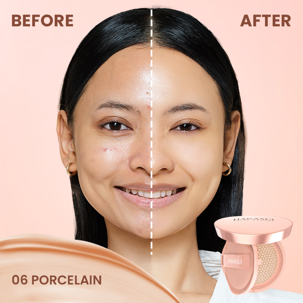 Hanasui Serum Cushion - Flawless Natural Dewy Finish UVA & UVB Protection Perfect Coverage Menyamarkan Pori-Pori Garis Halus Noda Wajah