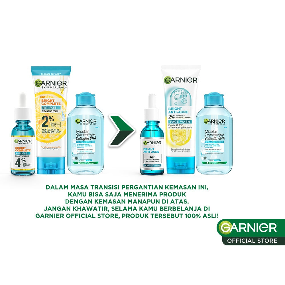 Paket Skincare Garnier Bright Complete Anti Acne Complete Set Untuk Maksimal  Lawan Jerawat dan Bekas Jerawat /Serum Jerawat, Cleanser Jerawat, Micellar Water (Micellar 125 ml + Serum 30 ml + Foam 100 ml)