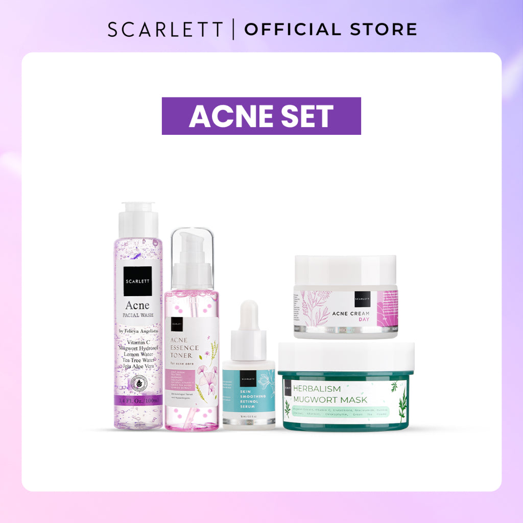 Scarlett Whitening 5pcs ( acne set, hydrating & glowing set, brightening set, anti aging set, skin barrier set, exfoliate set ) Mencerahkan Melembabkan