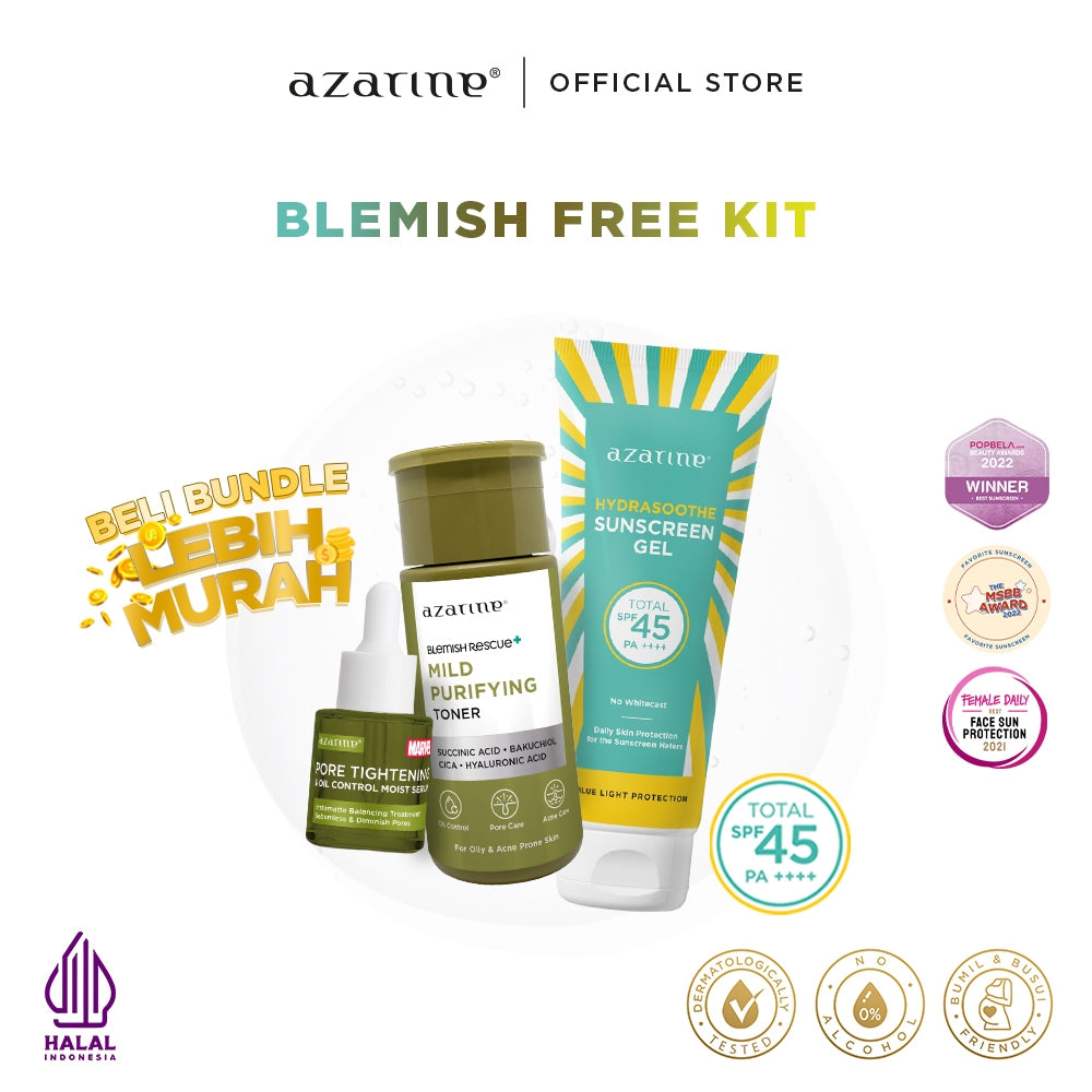 Azarine Basic Skincare Kit (Sunscreen + Toner + Serum) [3PCS] Paket TRIAL KIT KULIT KOMBINASI SENSITIF BERJERAWAT BERMINYAK KERING KUSAM KOMEDO