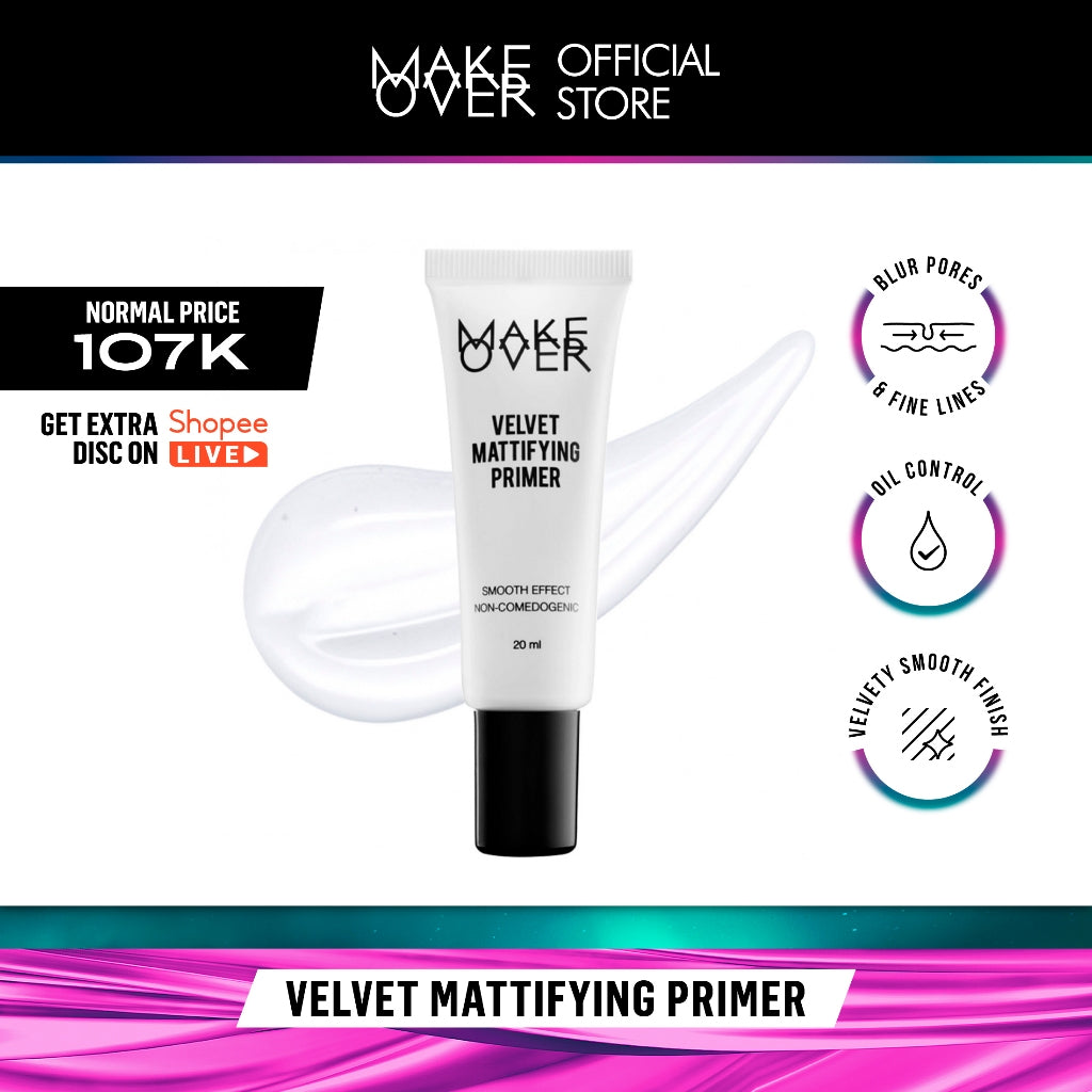 MAKE OVER Velvet Mattifying Primer - Primer matte mengecilkan pori oil-control cocok kulit berminyak tidak berwarna membuat makeup lebih tahan lama base makeup non-comedogenic Lebaran Raya