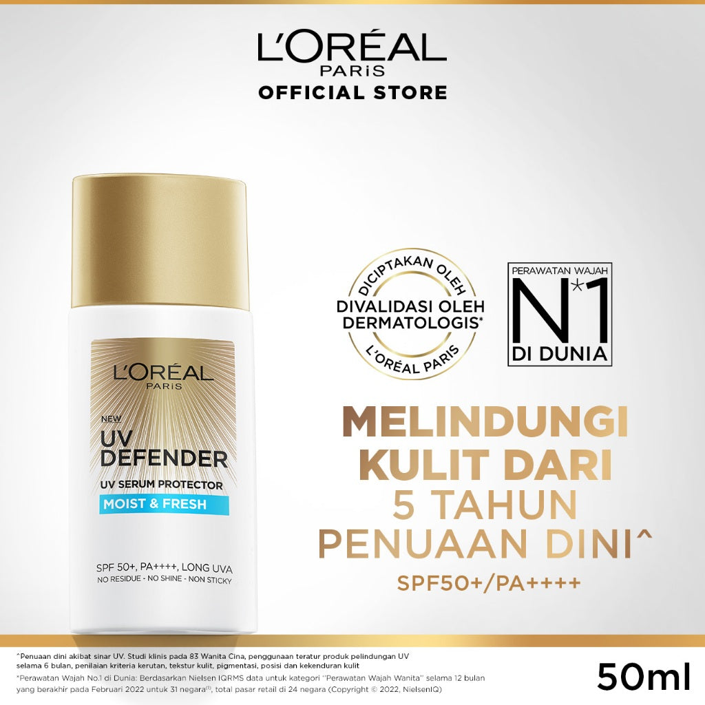 L'Oreal Paris UV Defender Serum Protector Sunscreen SPF 50+ / PA ++++ Skin Care - 50ml (Untuk Mencegah Kulit Tampak Tua 5 Tahun & Melembapkan)