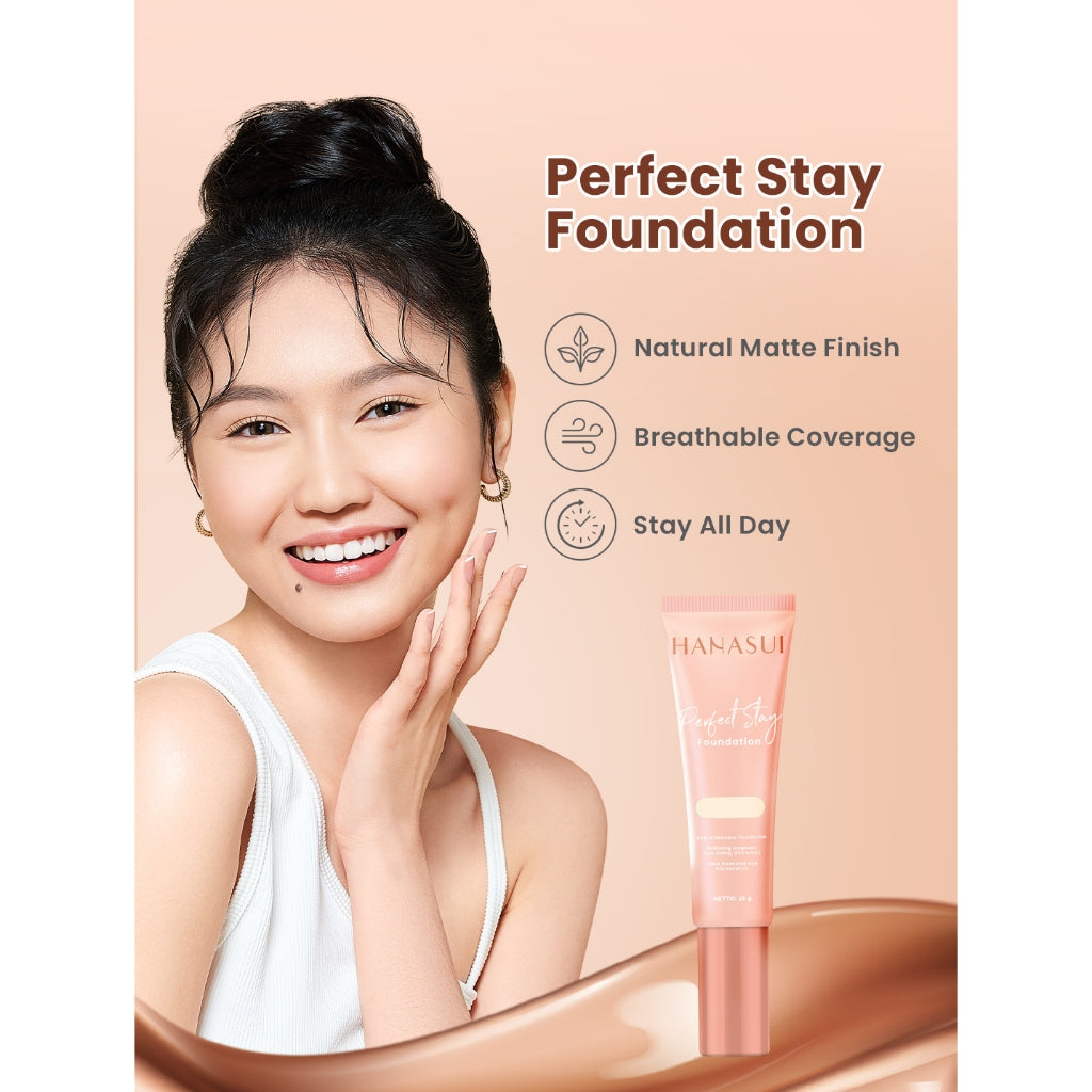 Hanasui Perfect Stay Foundation - Foundation Natural Matte Finish Menyamarkan Pori Pori Oil Control Tahan Lama