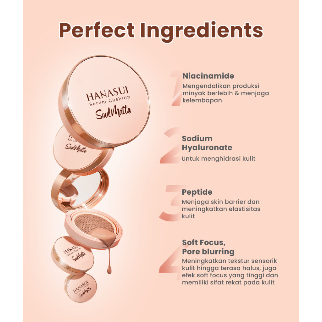 Hanasui Serum Cushion Soulmatte - Matte Finish UVA & UVB Protection Perfect Coverage Menyamarkan Pori-Pori Garis Halus Noda Wajah