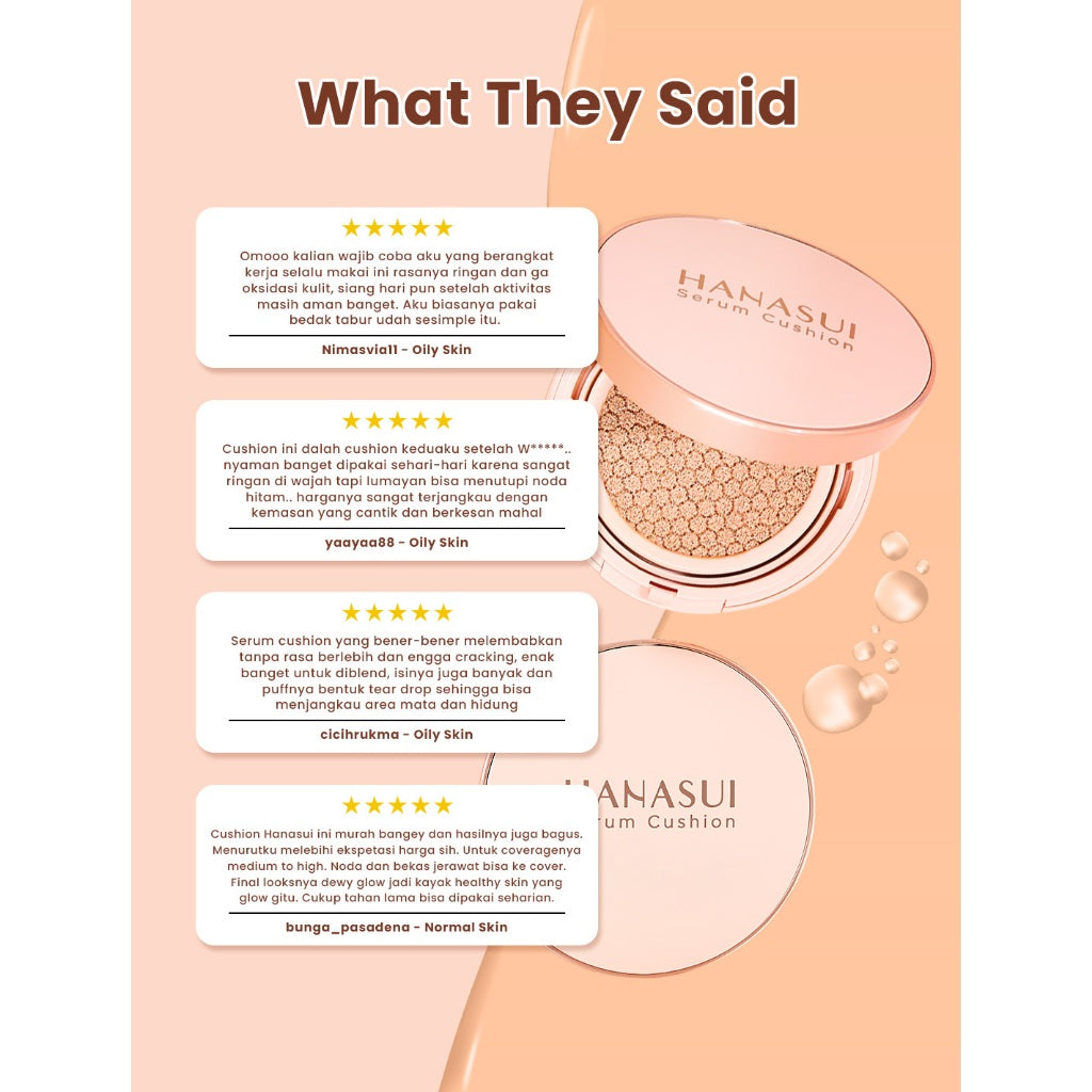 Hanasui Serum Cushion - Flawless Natural Dewy Finish UVA & UVB Protection Perfect Coverage Menyamarkan Pori-Pori Garis Halus Noda Wajah
