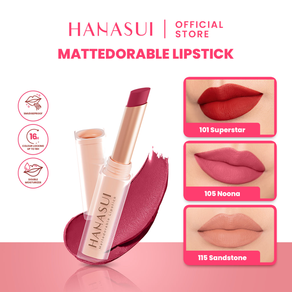 Hanasui Mattedorable Lipstick - Anti Geser Formula  Smudgeproof Transferproof Long Lasting Tahan Lama Melembabkan Hidrasi Optimal