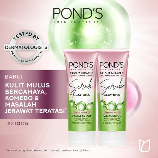Pond's Bright Miracle Ultimate Pore Clear Facial Scrub 100G - Sabun cuci muka yang membersihkan 99% bakteri penyebab jerawat x2
