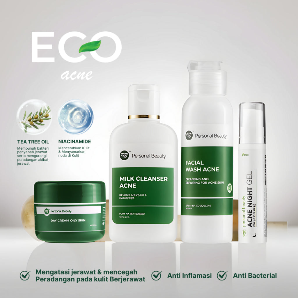 PERSONAL BEAUTY Skincare Set ECO Acne | Perawatan Wajah Berjerawat & Beruntusan - (Tea Tree Oil, Aloe Vera, Niacinamide, Salicylic Acid, Oil Control, Bekas Jerawat)