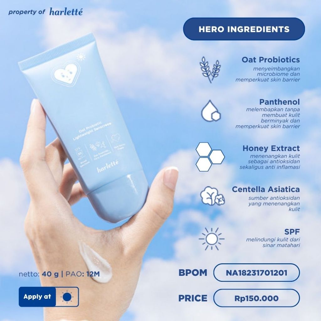 [2 PCS BUNDLING SUNSCREEN] Harlette Oat Probiotic Lightweight Sunscreen 40 g + Oatmilk Day Creme 25 g