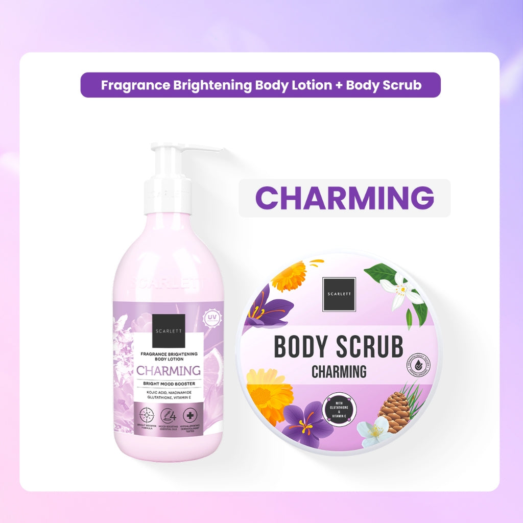 Scarlett Whitening Bundle Body Lotion + Body Scrub ( Jolly, Romansa, Charming, Happy )