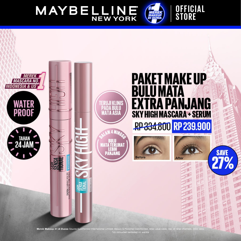 MAYBELLINE OFFICIAL Paket Makeup Mata Sky High Waterproof Mascara + Serum Bulu Mata | Maskara Eye Make up