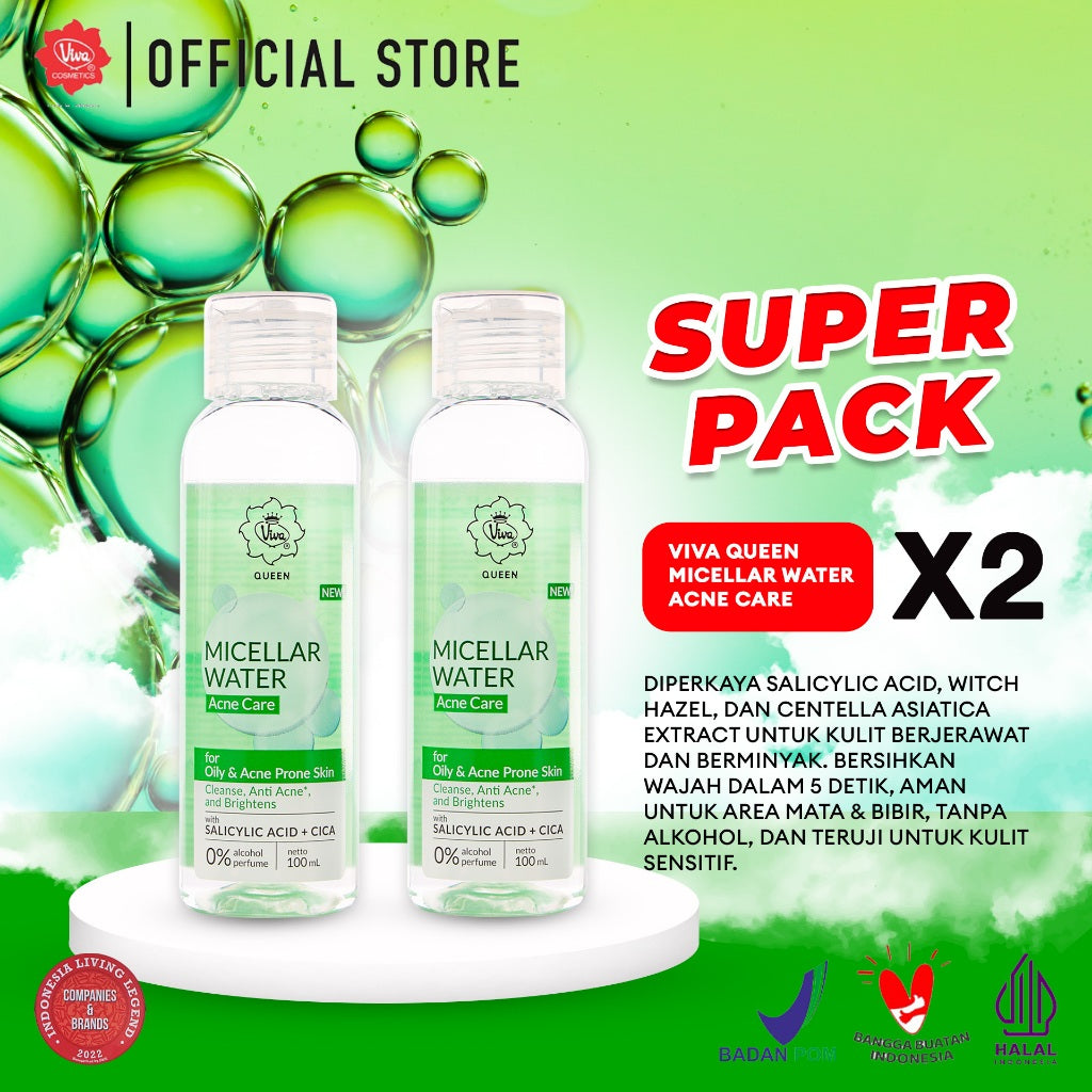 [Super Pack!!!] Viva Queen Micellar Water Acne Care with SALICYLIC ACID + CICA, Aqua Based, Alcohol Free & Fragrance Free - Isi 2pcs