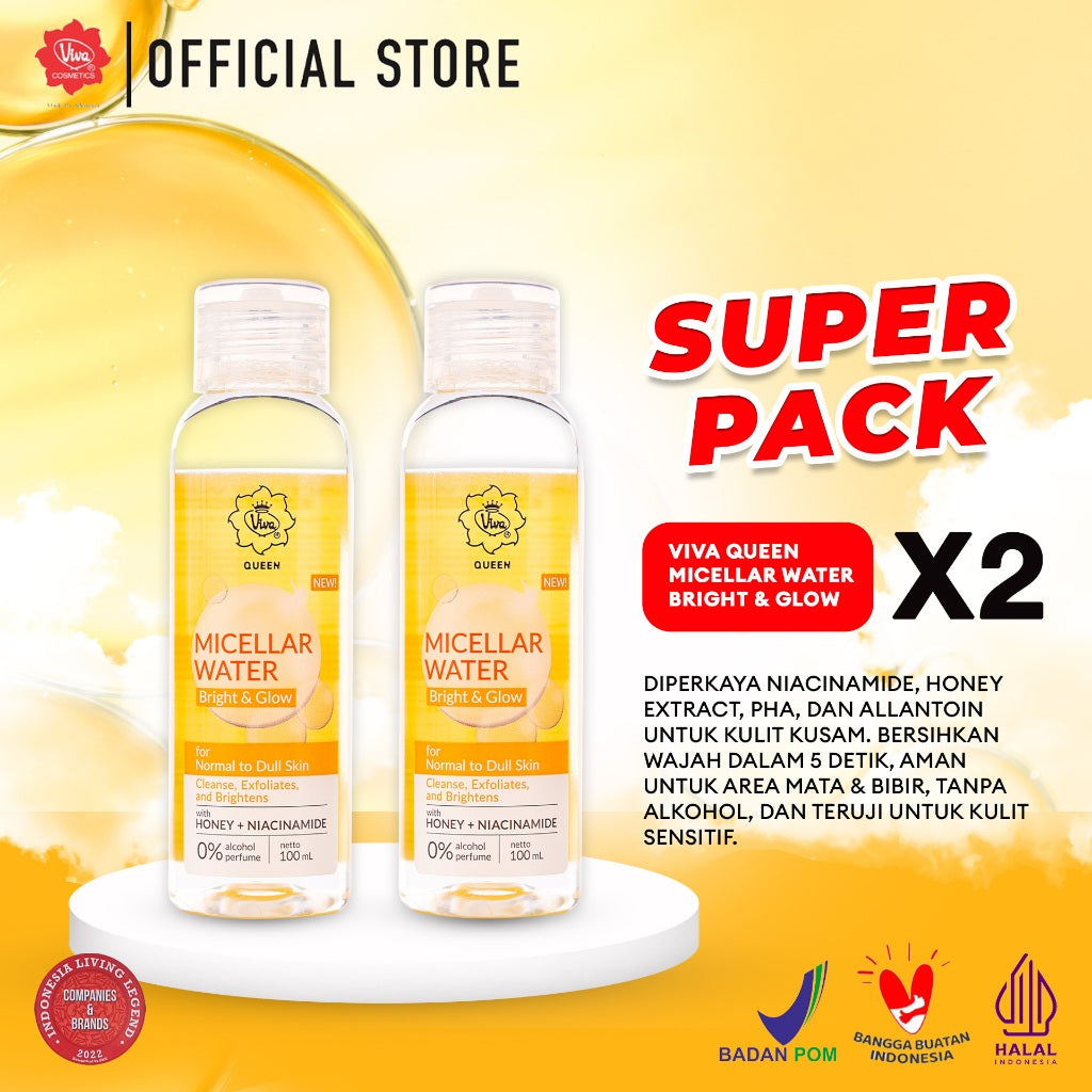[Super Pack !!!] Viva Queen Micellar Water Bright & Glow with NIACINAMIDE & Honey, Alcohol Free, Perfume Free - Isi 2 Pcs