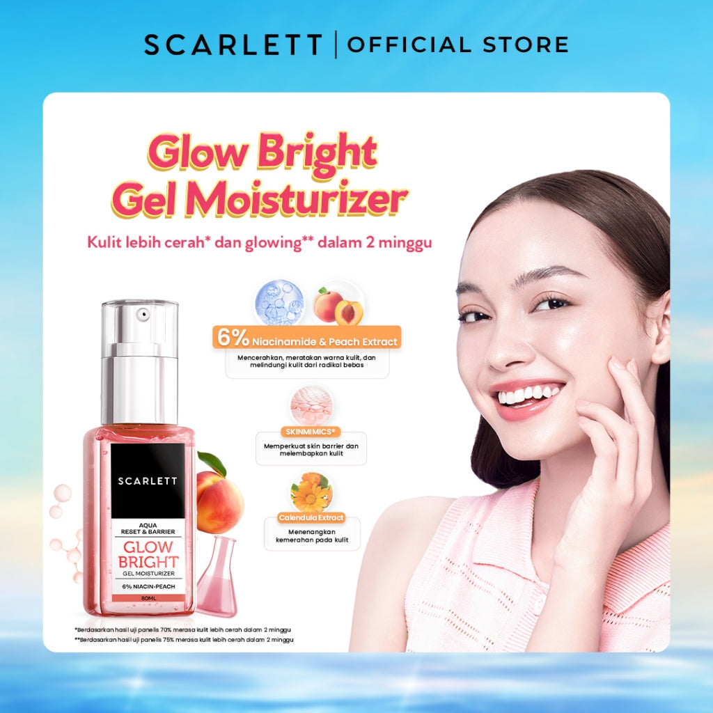 Scarlett Whitening Aqua Reset & Barrier Glow Bright Gel Moisturizer 6% Niacin - pelembab wajah untuk skin barrier muka dan untuk kulit sensitif serta menghidrasi mencerahkan, meratakan, menyamarkan noda hitam with Niacinamide and Peach Extract