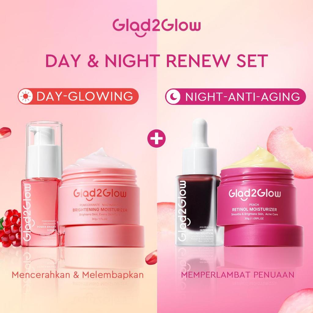 [ORDER NOW, HEMAT 30K]Glad2Glow Day & Night Renew Cerah Bundle Moisturizer+Serum Set Brightening 10%Niacinamide Peeling Eksfoliasi Retinol  tone up Pelembab Tubuh Kit Perawatan Kulit Hidrasi Delima Pelembab Wajah Pencerah Krim Gel g2glow official store