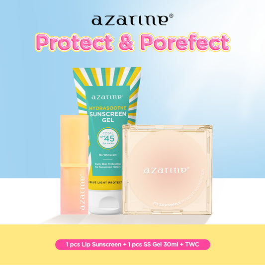 Azarine Protect & Porefect [3 PCS] Glowkiss Sunscreen Lip Balm + Sunscreen Hydrasoothe Gel 30ml + Porefect Pelembab Bibir SPF 35 PA +++ dengan Ceramide, Peptide, Vitamin C Membantu Mencerahkan Menghidrasi dan Melindungi Bibir dari Sinar UV
