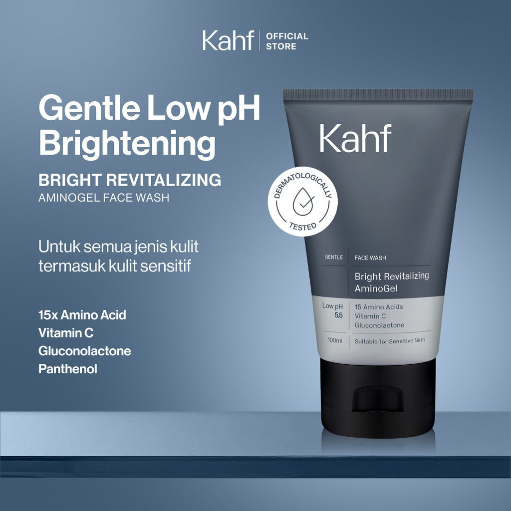 [NEW! BEBAS KUSAM TANPA BIKIN KERING] Kahf Bright Revitalizing Amino Gel Face Wash 100 ml – Sabun Cuci Muka Pria Kulit Sensitif untuk Mencerahkan Wajah dengan Vitamin C, Niacinamide, Gluconolactone, Panthenol – Gentle Cleanser Low pH for Daily Use