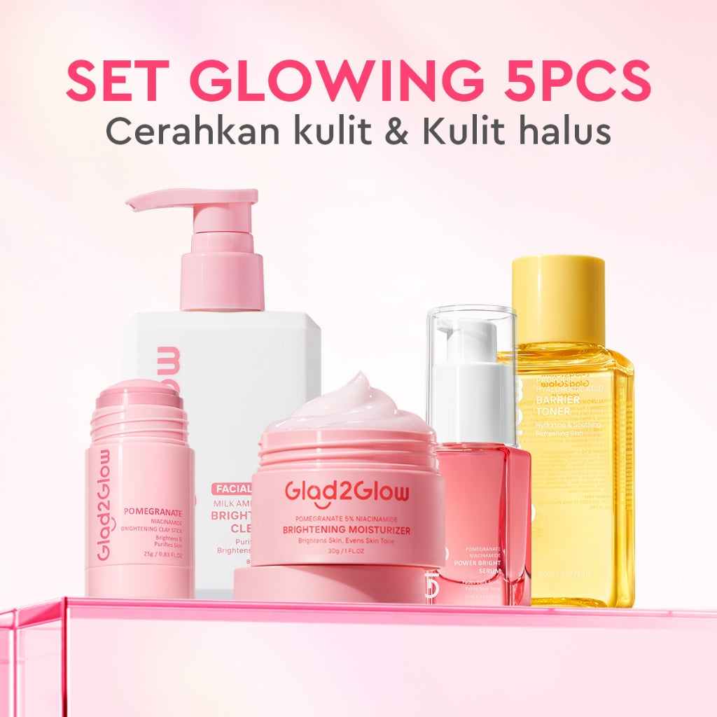 Glad2Glow bundle 5in1 paket Skincare- Moisturizer+Serum+Cleanser+Toner+ Clay Stick- Face Wash  Glowing Kit Dark Spot Acne Kit Mencerahkan warna kulit Menghilangkan jerawat Anti penuaan Mencerahkan bintik hitam Beauty Sets & Packages g2glow official store