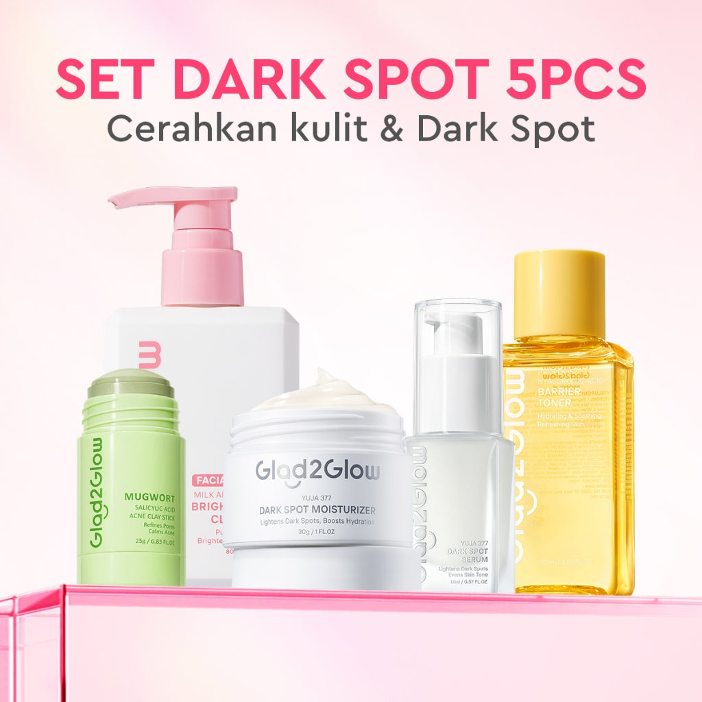 Glad2Glow bundle 5in1 paket Skincare- Moisturizer+Serum+Cleanser+Toner+ Clay Stick- Face Wash  Glowing Kit Dark Spot Acne Kit Mencerahkan warna kulit Menghilangkan jerawat Anti penuaan Mencerahkan bintik hitam Beauty Sets & Packages g2glow official store